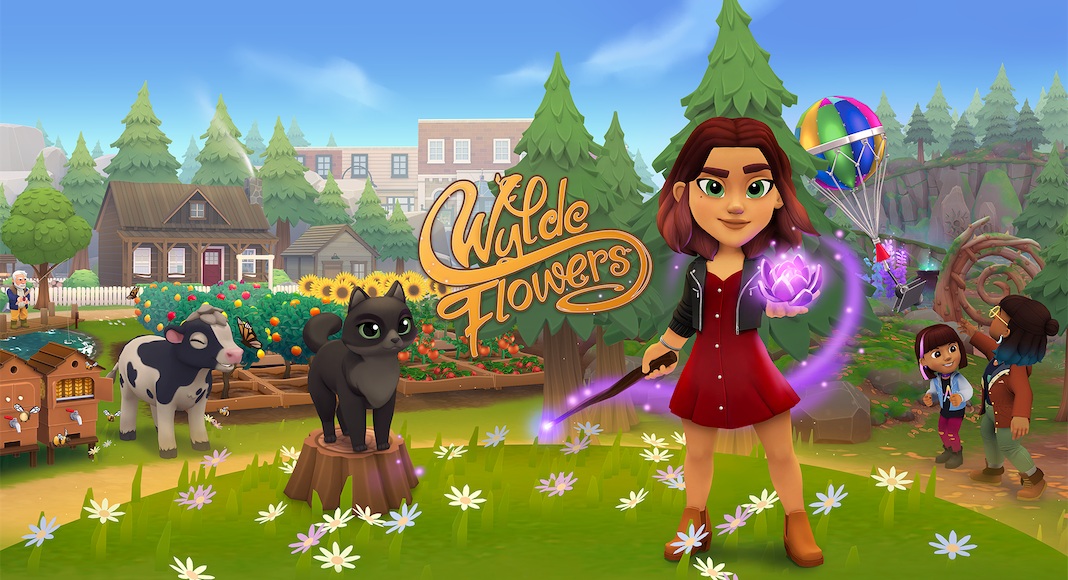 A character in a red dress holds a glowing purple wand, standing next to a black cat on a tree stump. The background features a colorful landscape with trees, a farm, and a village.