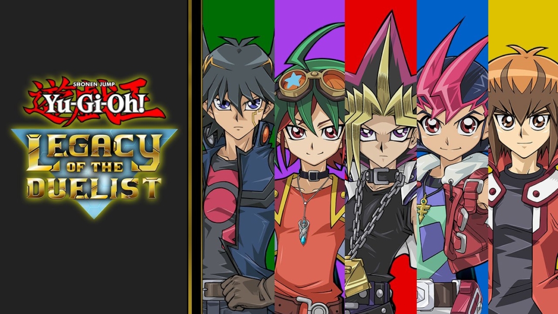 Fünf Anime-Charaktere aus Yu-Gi-Oh! stehen nebeneinander vor farbigen Hintergründen, links daneben das Logo 'Yu-Gi-Oh! Legacy of the Duelist'.