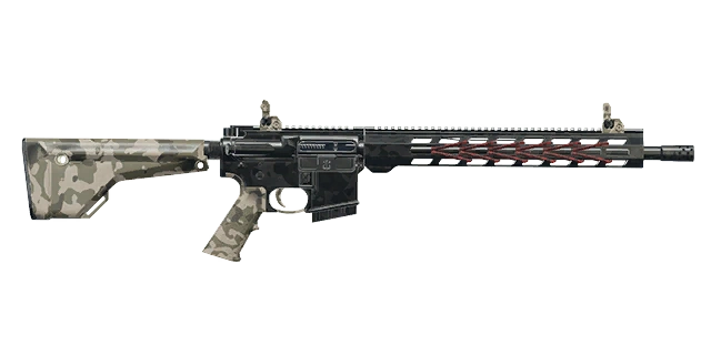 Lang gestrecktes Gewehr mit Tarnmuster am Schaft und Griff, schwarzem Lauf und rotem Gittermuster am Handschutz.