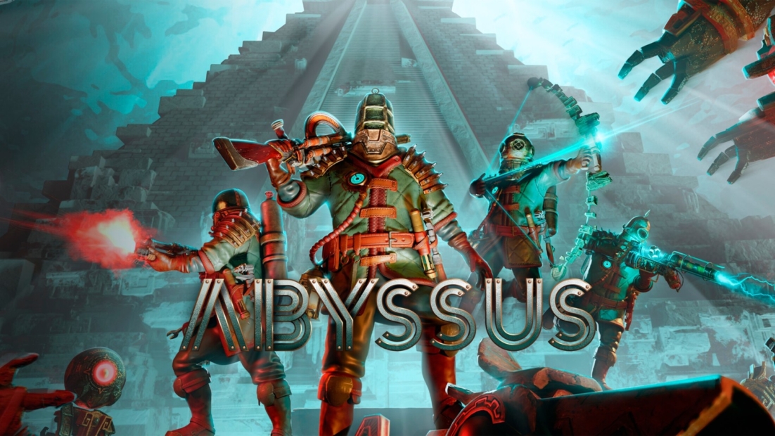 Four armed figures in futuristic armor standing in front of a large pyramid with the text 'ABYSSUS'