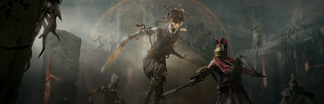 Battle between two ancient warriors, one with sword and shield, the other with a blade and snakes for hair