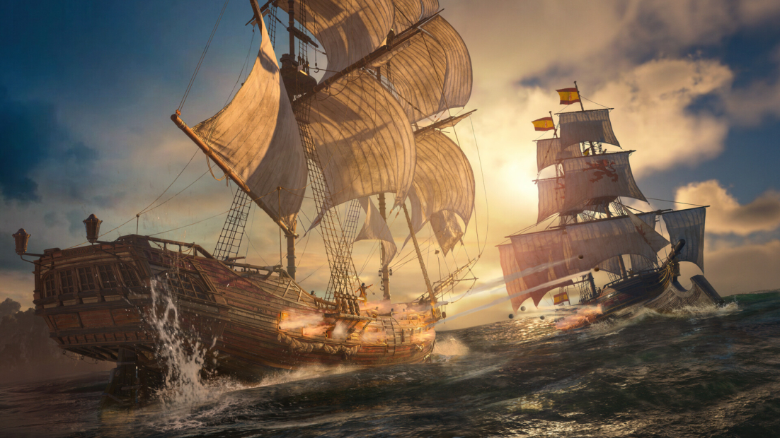 Two sailing ships with full sails on choppy sea under cloudy sky