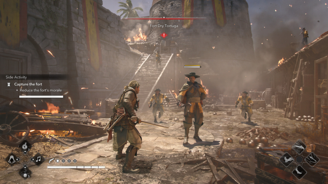 Assassin’s Creed Black Flag Resynced Mods: Three armed characters in a ruined fort with burning debris and a stone staircase in the background