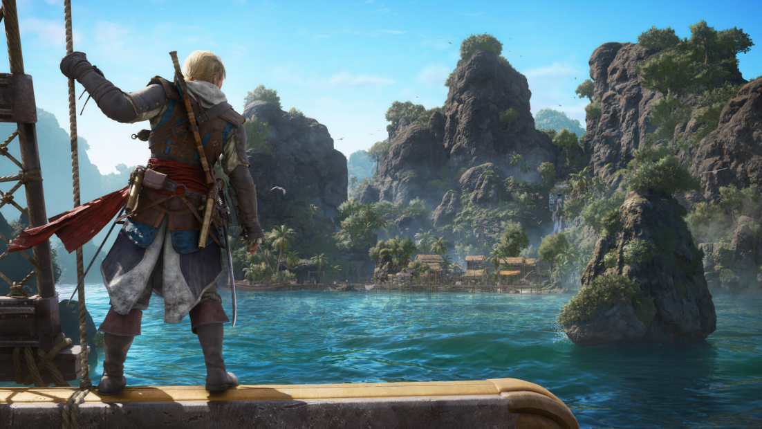 Person with sword and cloak standing on a boat looking at a rocky coastal landscape with water and forested hills