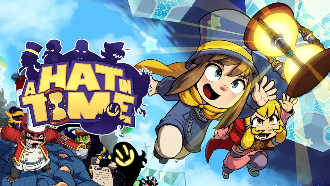 Child wearing a hat and holding a lantern flying right accompanied by other characters and the text »A Hat in Time«