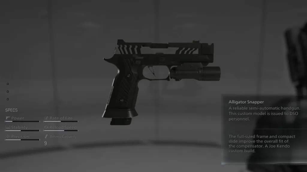 Semi-automatic handgun with tactical light attachment and textual description of model and features.