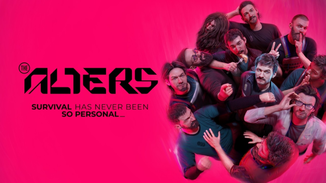Gruppe von Leuten, die zusammen vor einem roten Hintergrund posieren, neben dem Text „THE ALTERS” und dem Slogan „SURVIVAL HAS NEVER BEEN SO PERSONAL”.