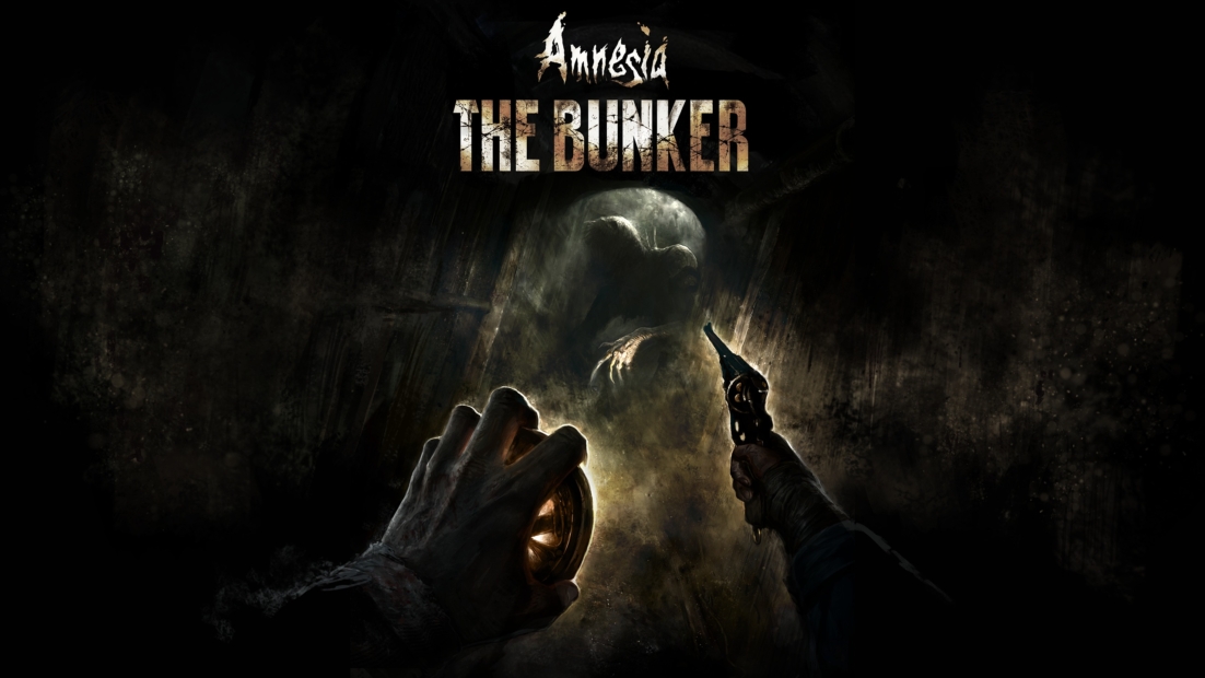 Dunkle Szene mit einer Hand, die eine Taschenlampe hält, und einer anderen Hand, die eine Pistole hält, vor einer schemenhaften Gestalt im Hintergrund, darüber der Schriftzug 'Amnesia THE BUNKER'