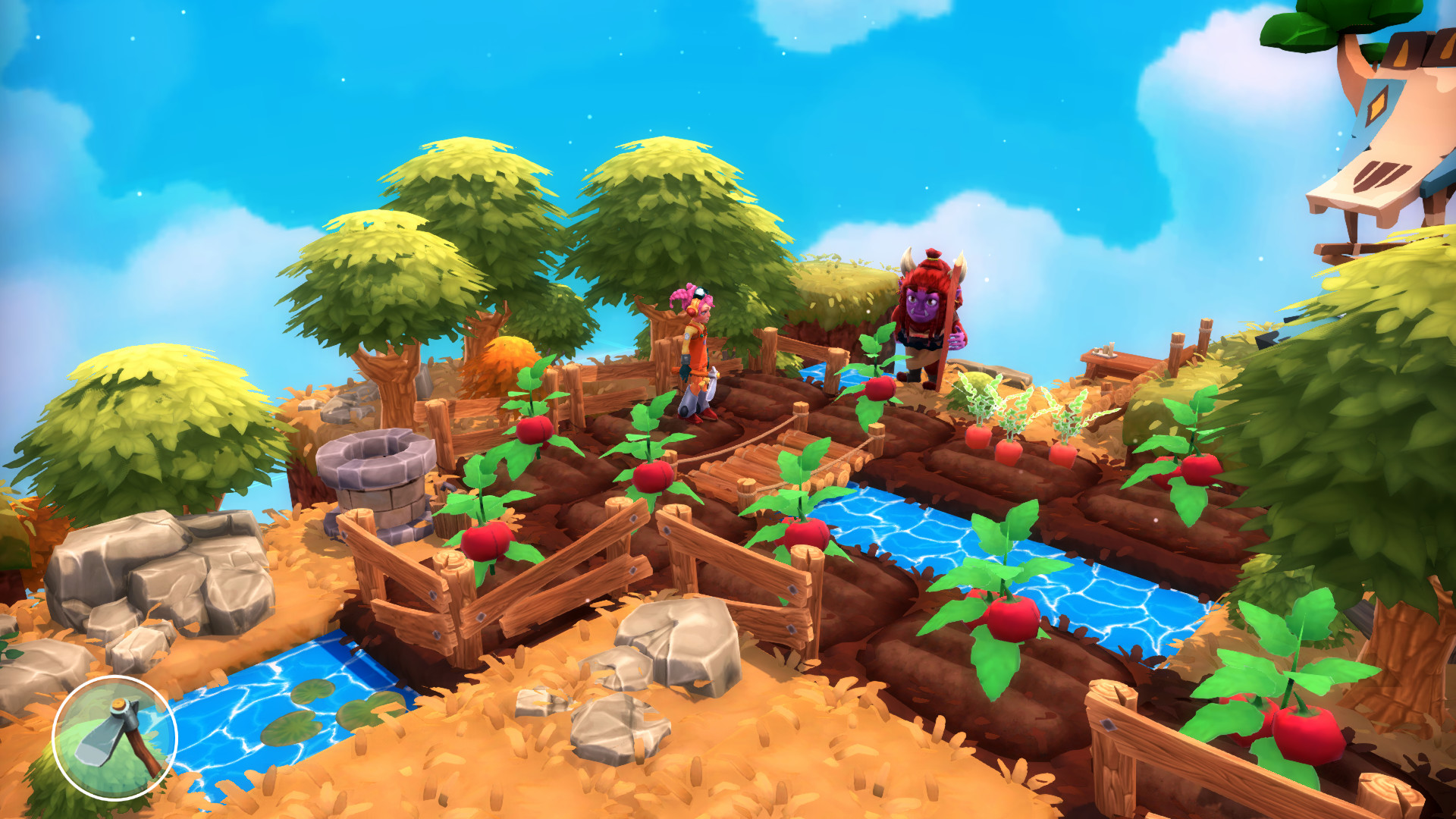 Gartenparzelle mit Pflanzenreihen, zwei Figuren, die sich um die Pflanzen kümmern, einem Steinbrunnen und Holzzäunen im Spiel „Ankora: Lost Days“.