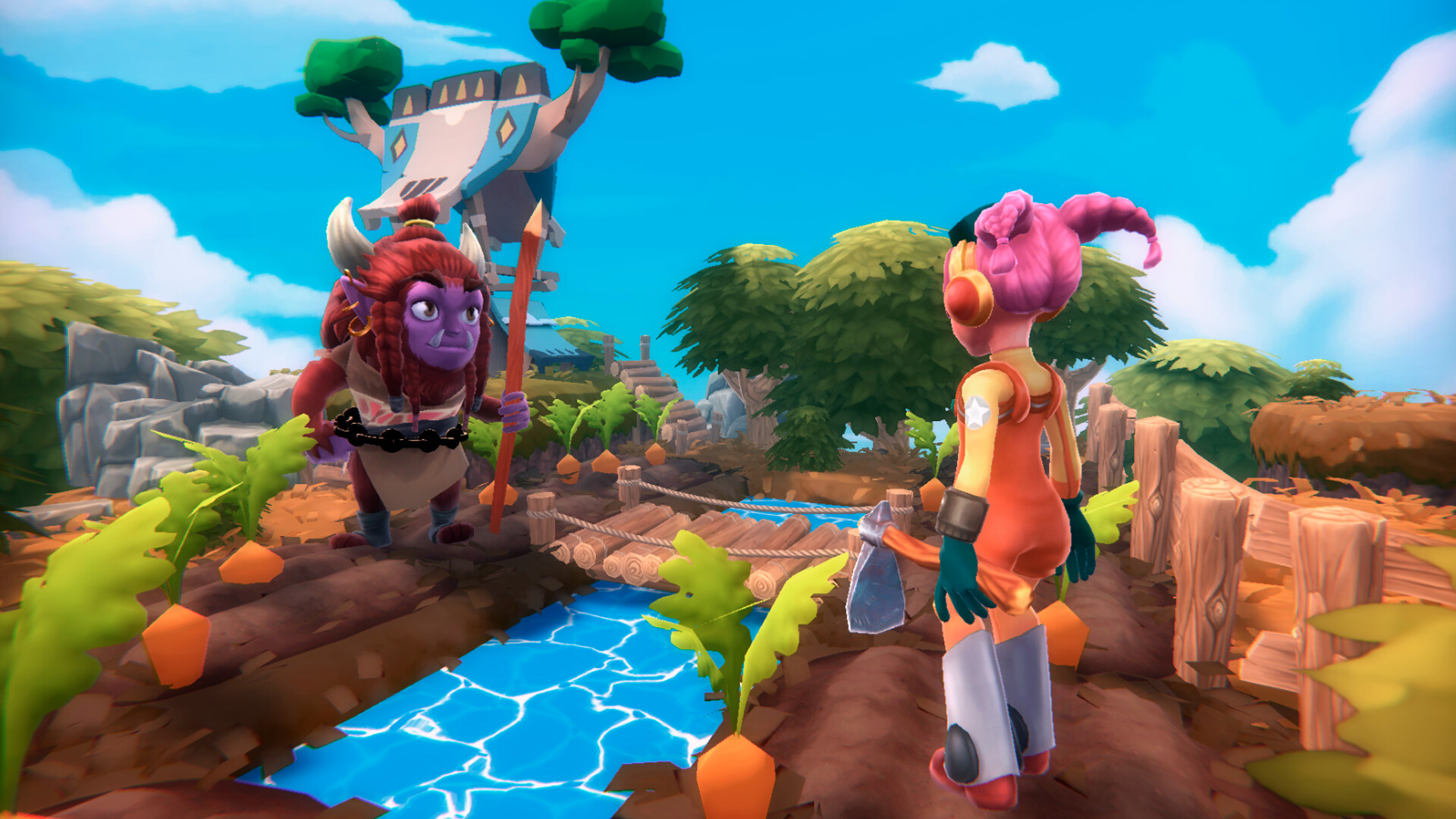 Zwei Figuren aus „Ankora: Lost Days“ stehen in der Nähe eines Wasserkanals mit schwimmenden Karotten, umgeben von Bäumen und einem Holzzaun unter blauem Himmel.