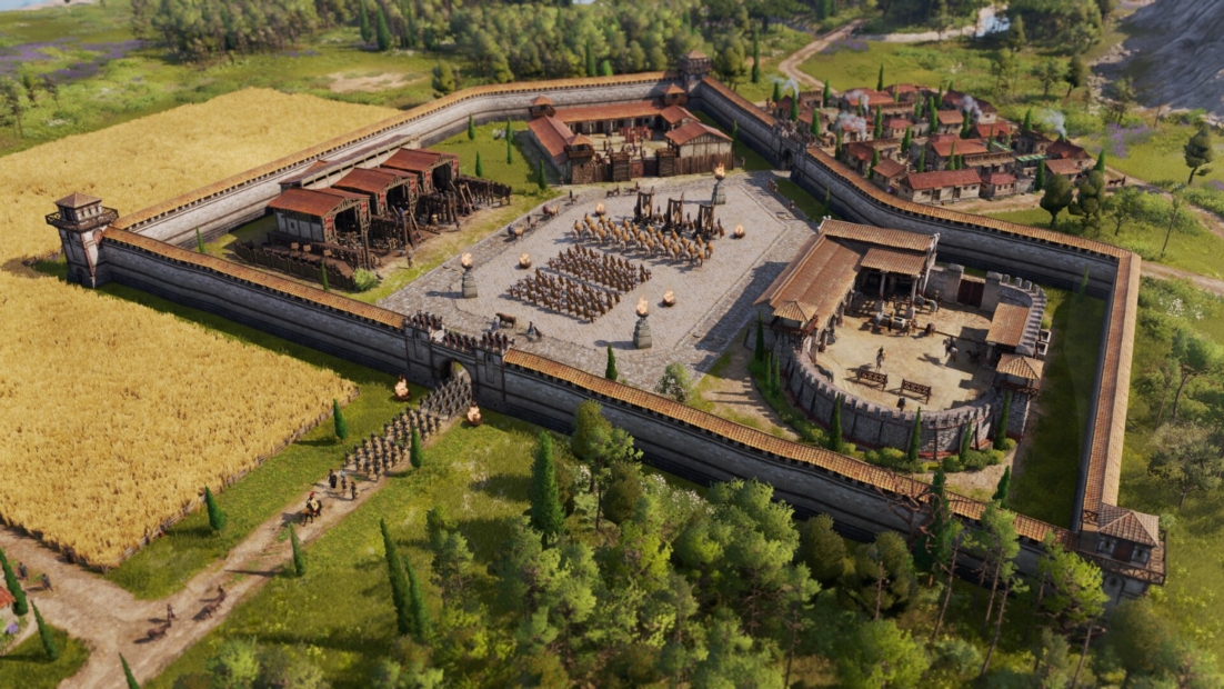 Befestigte mittelalterliche Burg mit Wehrmauern, Ecktürmen, Innenhof mit Gruppen von Soldaten und mehreren Gebäuden, umgeben von Feldern und Wald.