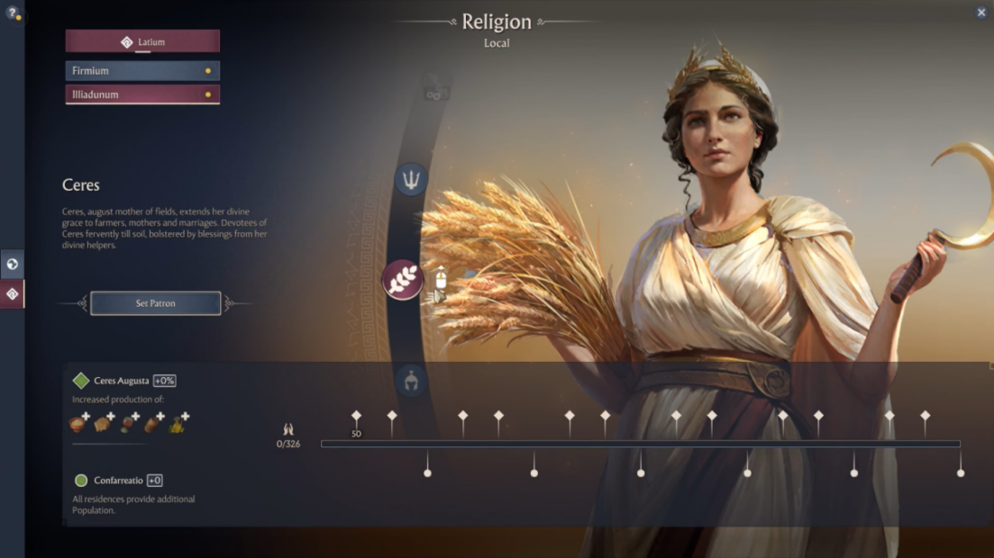 Anno 117 Religion: Göttin Ceres mit goldener Krone, weißem Gewand und Umhang, hält eine Ährenbündel und eine Sichel in den Händen.