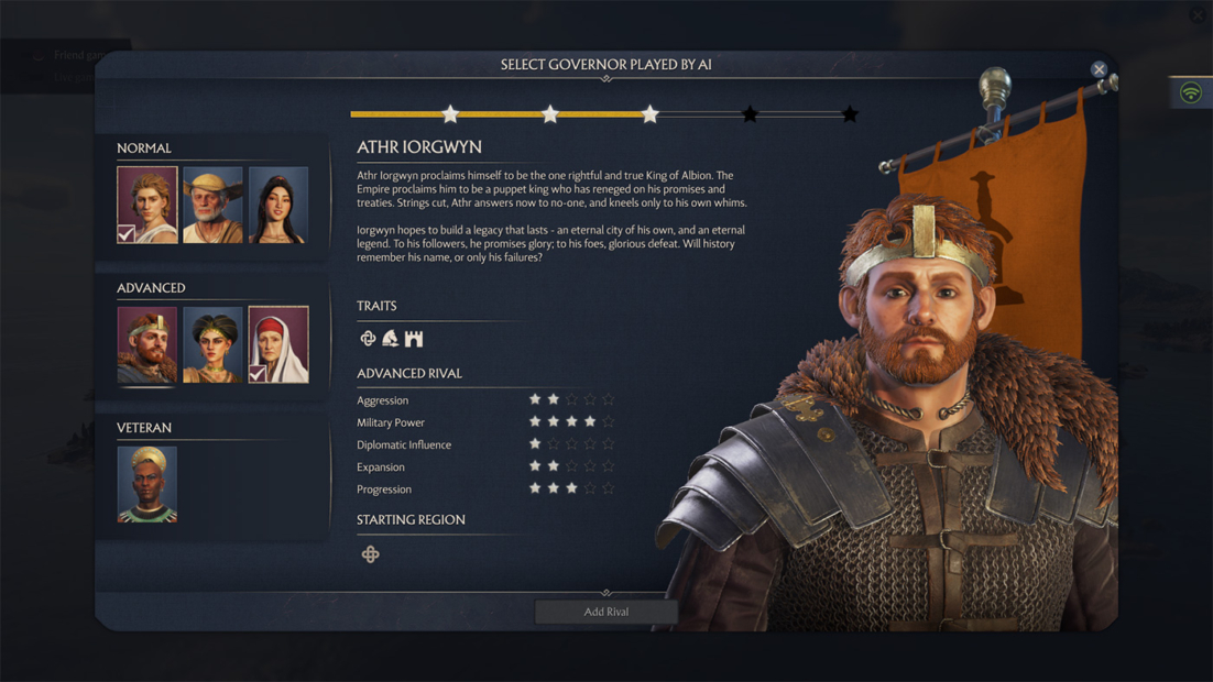 Governor selection menu showing a person in medieval armor and fur cloak, with text detailing traits and starting region.