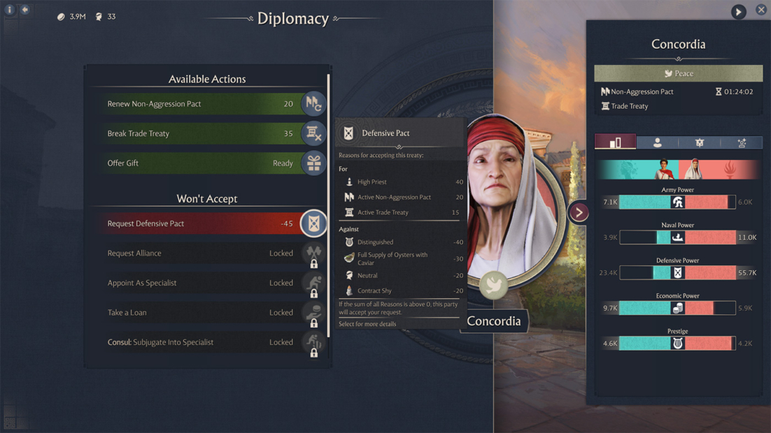 Strategy game diplomacy interface showing available and declined actions and reasons for a defensive pact.