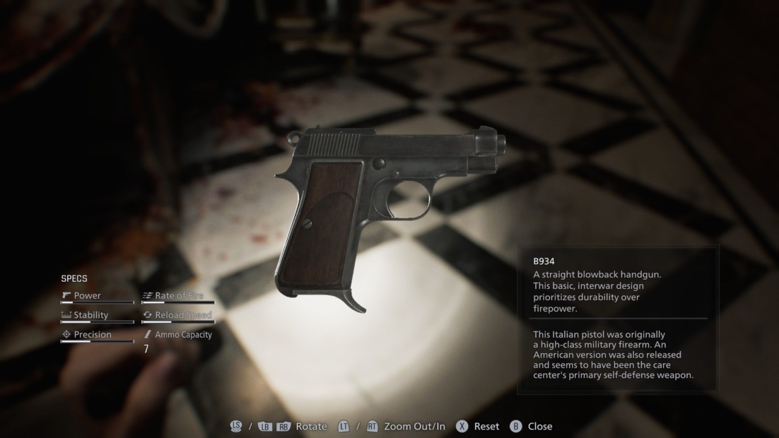 Resident Evil Requiem Weapons: B934. Close-up of a semi-automatic handgun with brown grip and text detailing specifications and history of the model.