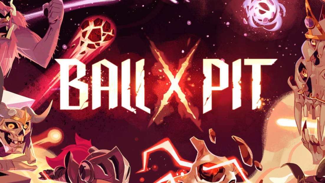 Leuchtend rote Schrift 'BALL X PIT' vor dunklem, mit Figuren und leuchtenden Kugeln besetztem Hintergrund.