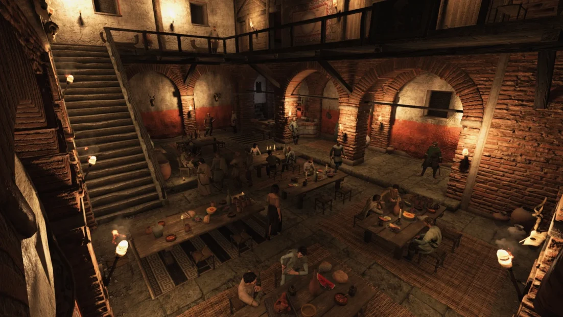 Interior of a medieval tavern with multiple tables, guests, and a staircase leading to a balcony.