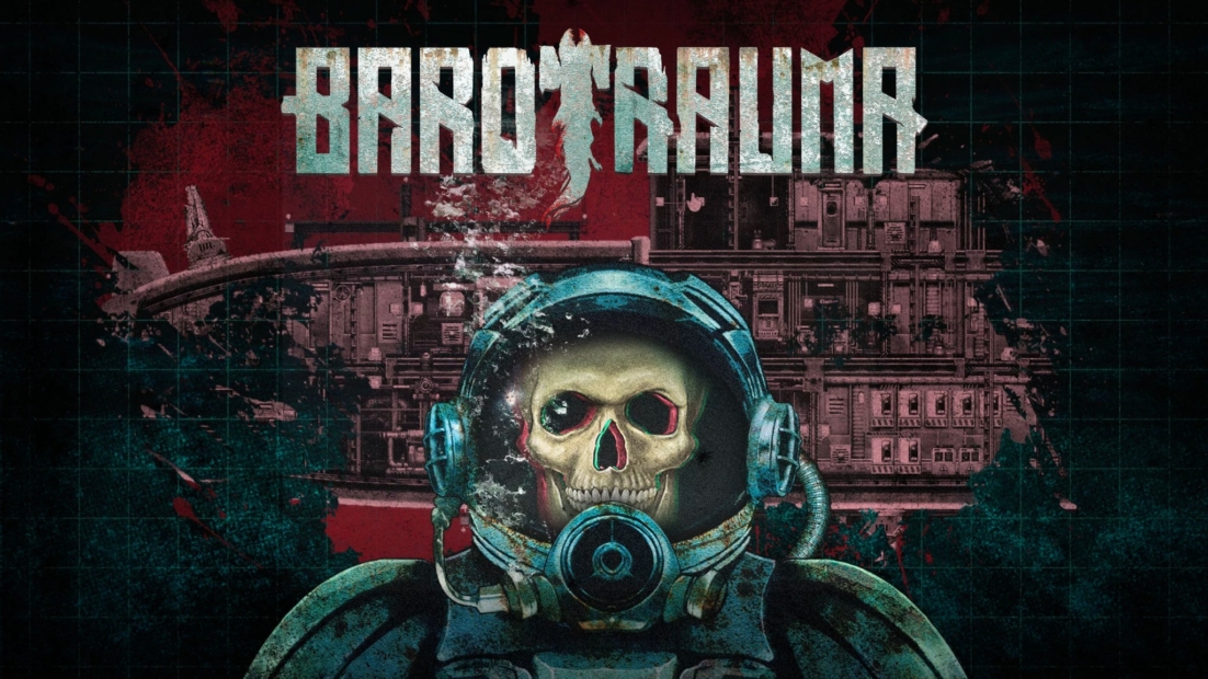 Skull wearing a helmet and breathing apparatus in front of a technical background with the text 'BAROTRAUMA'