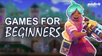 Character with turquoise hair and futuristic clothing holding a weapon in front of a blurred background with buildings and text 'GAMES FOR BEGINNERS'