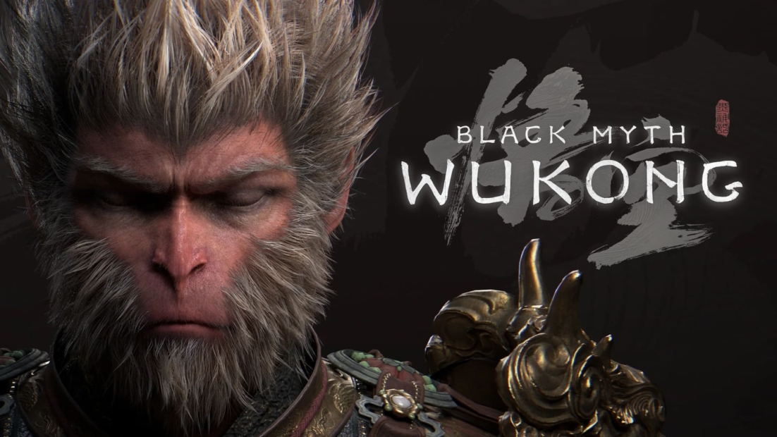 Nahaufnahme eines affenähnlichen Wesens mit dichtem Fell und ernster Miene vor dunklem Hintergrund mit dem Text 'BLACK MYTH WUKONG'