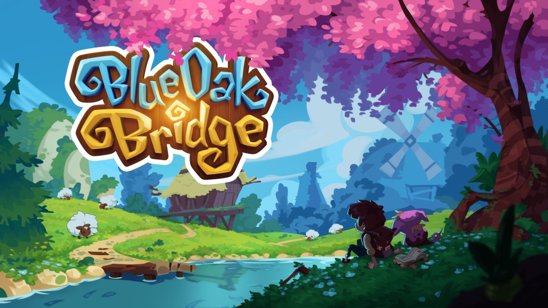 A colorful landscape featuring a river, trees with pink blossoms, and a character sitting by the water. Text reads 'Blue Oak Bridge'.