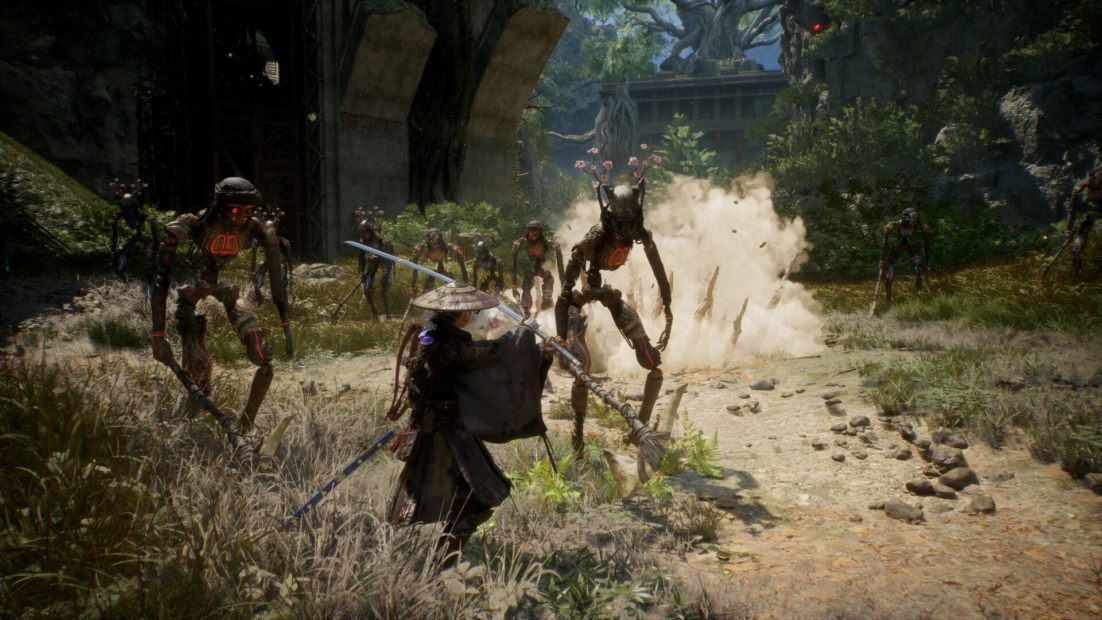 Beast of Reincarnation mods: Warrior wearing a wide-brimmed hat and holding a sword faces several humanoid robots in a forest clearing