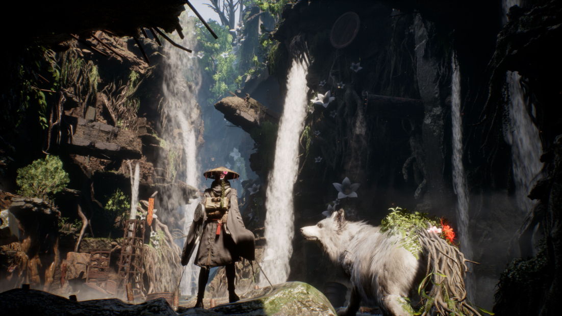 Figure wearing a wide-brimmed hat and cloak stands in a rocky gorge with multiple waterfalls next to a large white wolf-like animal with plants on its back