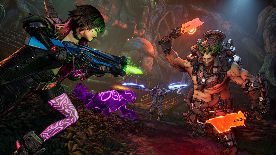 Zwei Charaktere aus Borderlands 4 kämpfen in einer bunten, fantastischen Umgebung. Der linke Charakter trägt eine schwarze Jacke mit bunten Mustern und hält eine grüne und blaue Waffe. Der rechte Charakter hat eine muskulöse Statur, trägt eine metallene Rüstung und hält zwei leuchtende Klingen in den Händen.