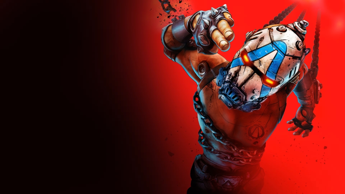 Figure with mechanical helmet and glowing orange eyes, stretching one hand forward, in front of a red background.