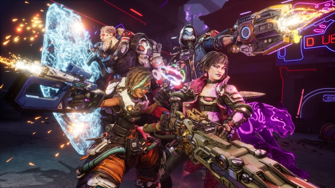 Fünf Charaktere aus dem Spiel Borderlands 4 in actionreicher Pose. Zwei Charaktere halten futuristische Waffen, während ein dritter eine Energiebarriere erzeugt. Bunte Lichteffekte im Hintergrund.