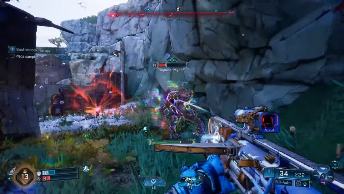 Ein Spieler in Borderlands 4 zielt mit einem Gewehr auf einen Gegner, der in einer bunten Rüstung steht. Im Hintergrund sind Felsen und Explosionen sichtbar.