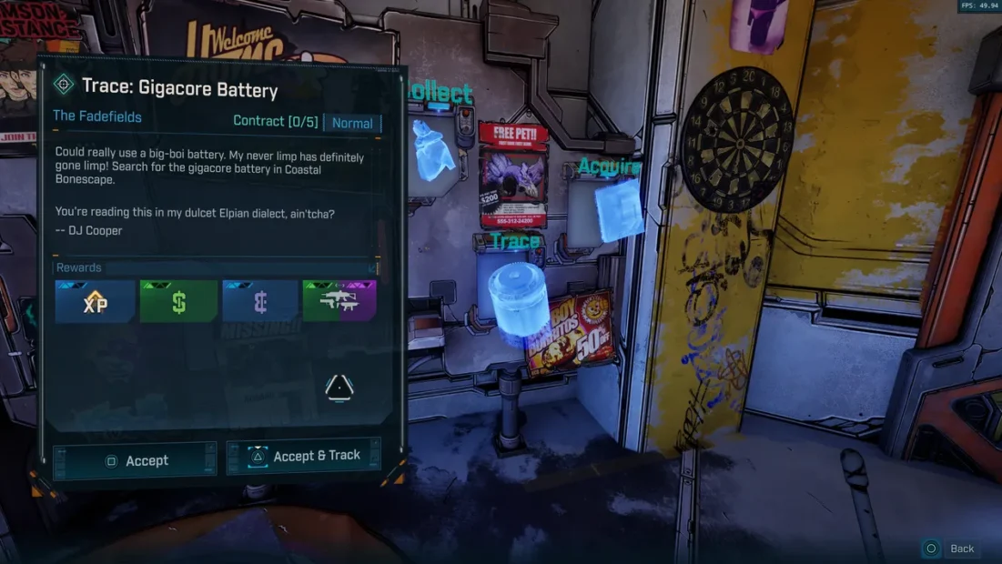 Spielszene aus Borderlands 4 mit einem Quest-Interface. Links steht 'Trace: Gigacore Battery' und darunter 'DJ Cooper'. Belohnungen: XP, Waffe, Geld. Im Hintergrund sind Poster und eine blaue Batterie zu sehen.