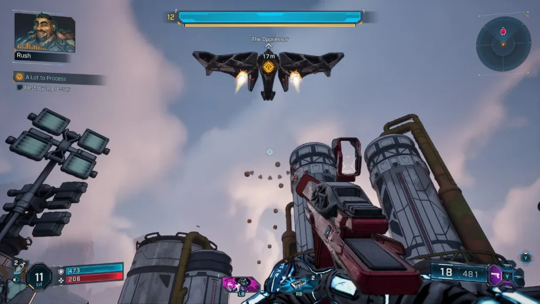 Borderlands 4 Tipps: In Borderlands 4 sieht man eine futuristische Waffe in der linken unteren Ecke, während ein Raumschiff mit dem Symbol '17' darüber schwebt. Im Hintergrund sind zwei große silberne Tanks und ein paar Straßenlaternen zu sehen.