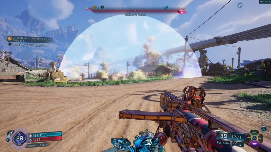 Ein Spielercharakter hält eine Waffe in der Hand. Im Hintergrund ist eine große, transparente Kuppel zu sehen, die eine Weltveranstaltung im Spiel 'Borderlands 4' darstellt. Oben sind die Lebenspunkte und die Munition des Charakters sichtbar.
