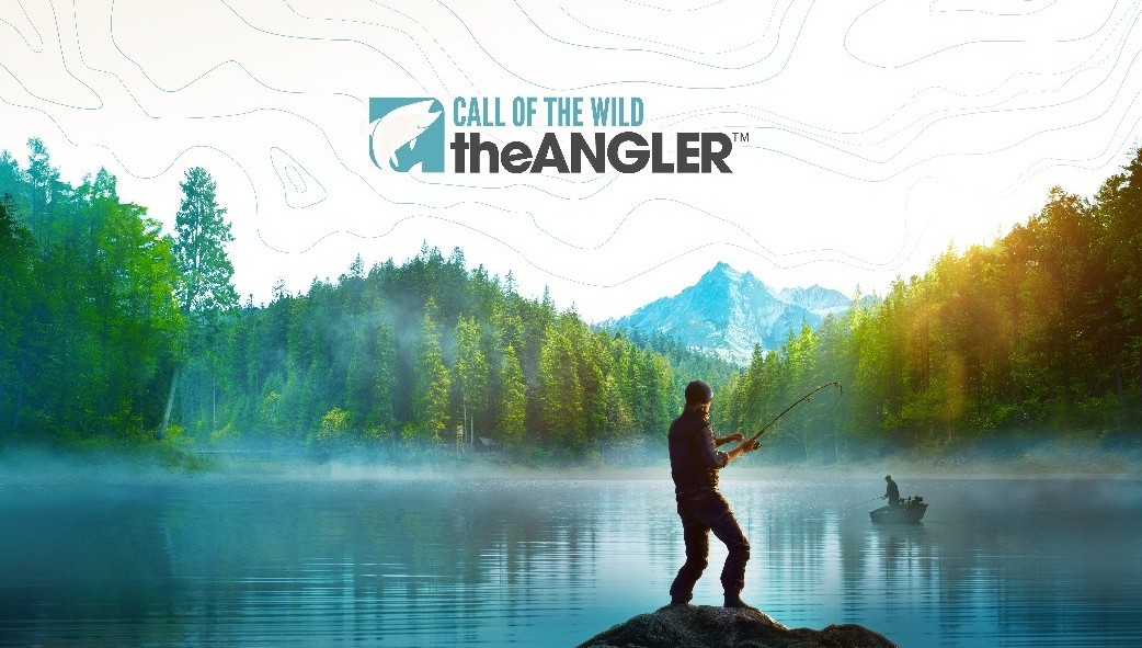 Person fishing with rod on a lake surrounded by forest and mountains at sunrise, with mist over the water and 'Call of the Wild the Angler' logo above