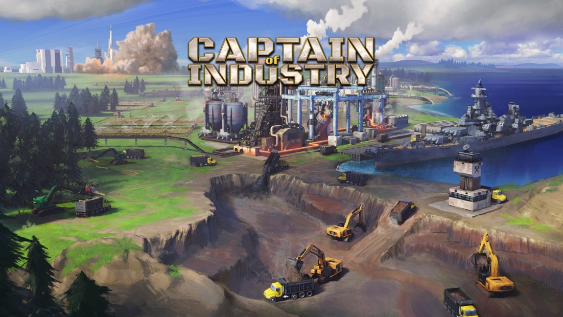 Industrial complex with factory buildings, excavators, dump truck, and warship on a coastline with city skyline in the background