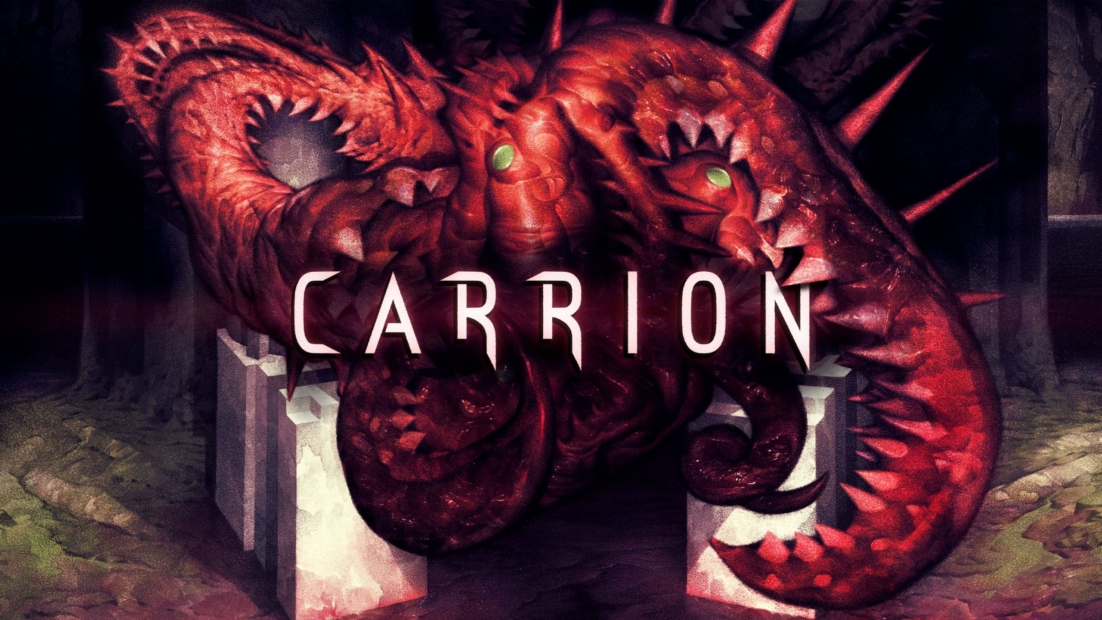 Rotes Tentakelwesen mit grünen Augen und Stacheln, die das Wort „CARRION“ umgeben.