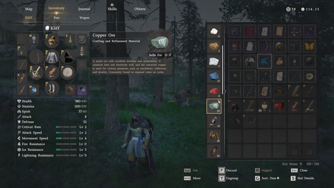 Videospiel-Inventarbildschirm mit Charakterstatus, Ausrüstungsgegenständen und ausgewähltem Kupfererz mit Beschreibung und Verkaufswert