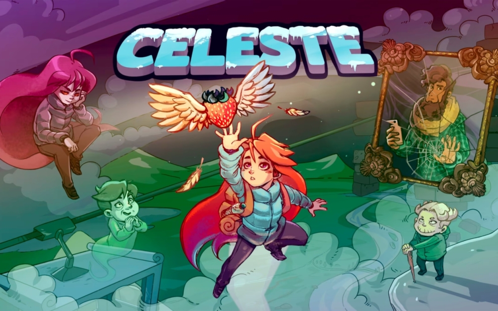 Illustration of a red-haired woman in a blue jacket reaching for a winged red heart, surrounded by other characters and a mirror with a man inside, with the word 'CELESTE' above