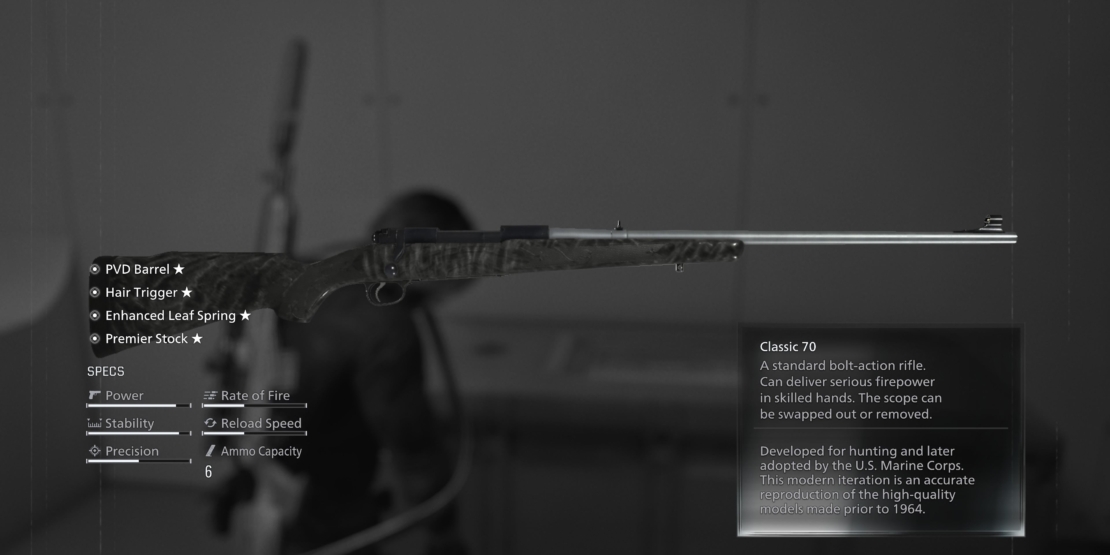 Black-and-white illustration of a classic 70 bolt-action rifle with labels for parts and specifications