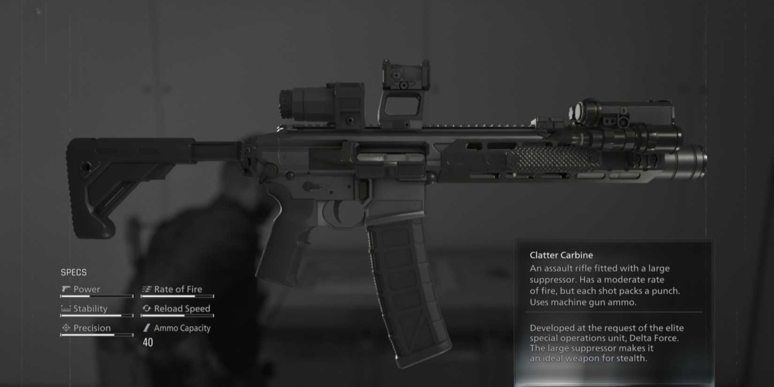 Semi-automatic rifle with large suppressor, scope, and tactical flashlight mounted on a tripod