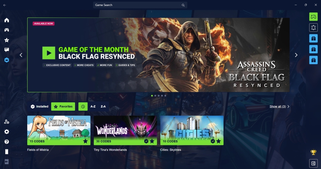 Schnell & einfach schwierige Bosse in einem PC-Spiel besiegen: Benutzeroberfläche einer Spielebibliothek mit hervorgehobenem Spielbanner zu Assassin's Creed Black Flag Resynced und einer Liste von Spielen darunter mit Titeln und Codes.