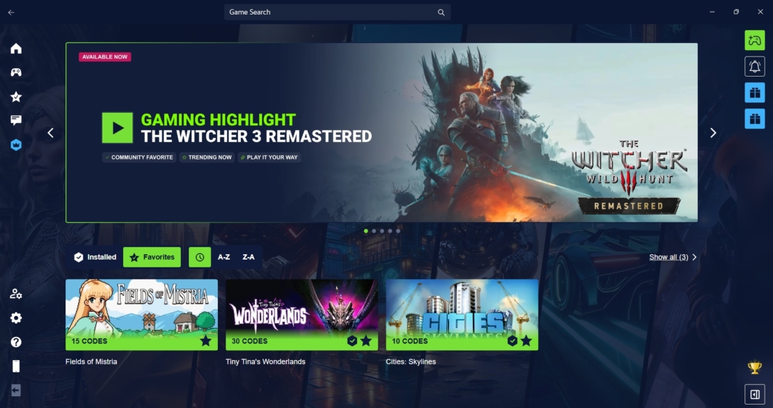 User interface of a game launcher highlighting "The Witcher 3 Remastered" with tiles for the games "Fields of Mistria", "Tiny Tina's Wonderlands", and "Cities: Skylines" below.