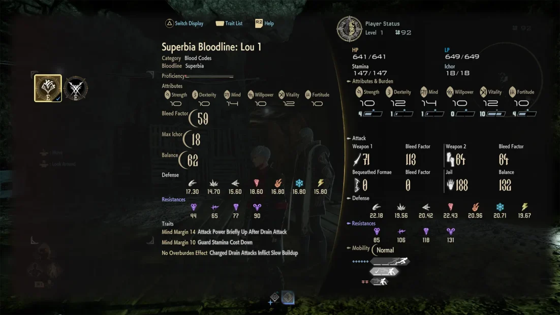 Game interface showing player attributes, blood factors, resistances, and equipment status.