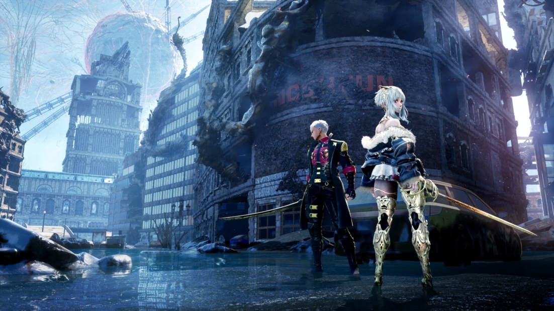 Code Vein 2 Tips: Two characters in futuristic clothing stand in a ruined city with tall buildings and debris on the ground