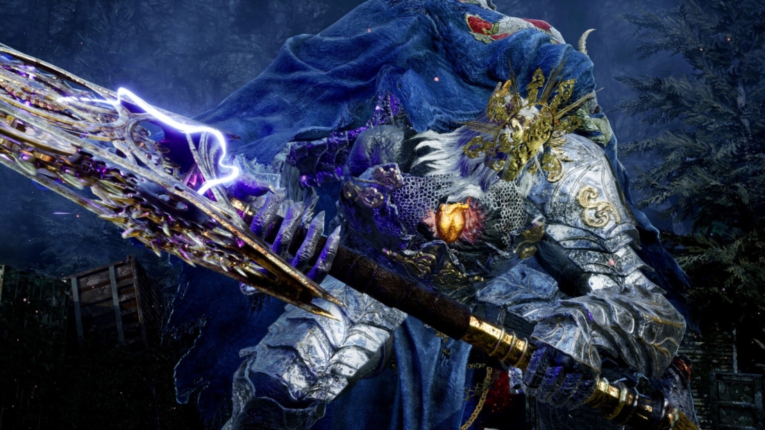 Warrior in silver armor with blue cloak holding a large ornate weapon with glowing blue effects in a dark forest setting