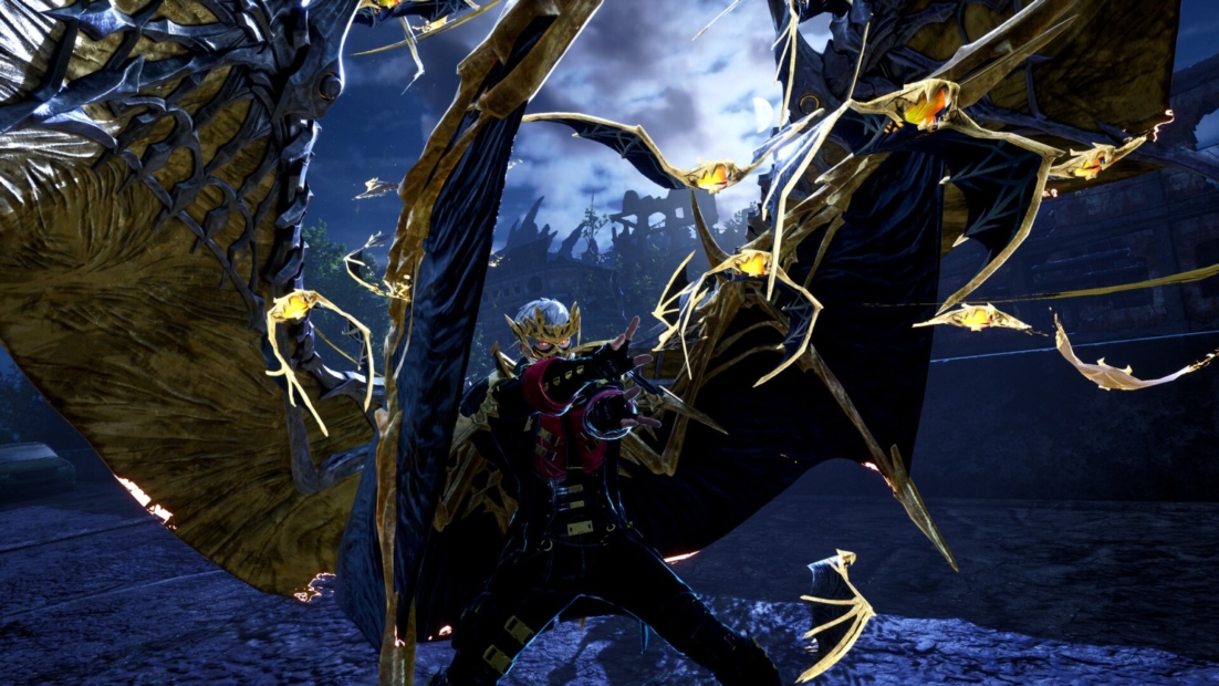 Game character wearing armor and wings fighting surrounded by multiple flying creatures in a dark ruined environment