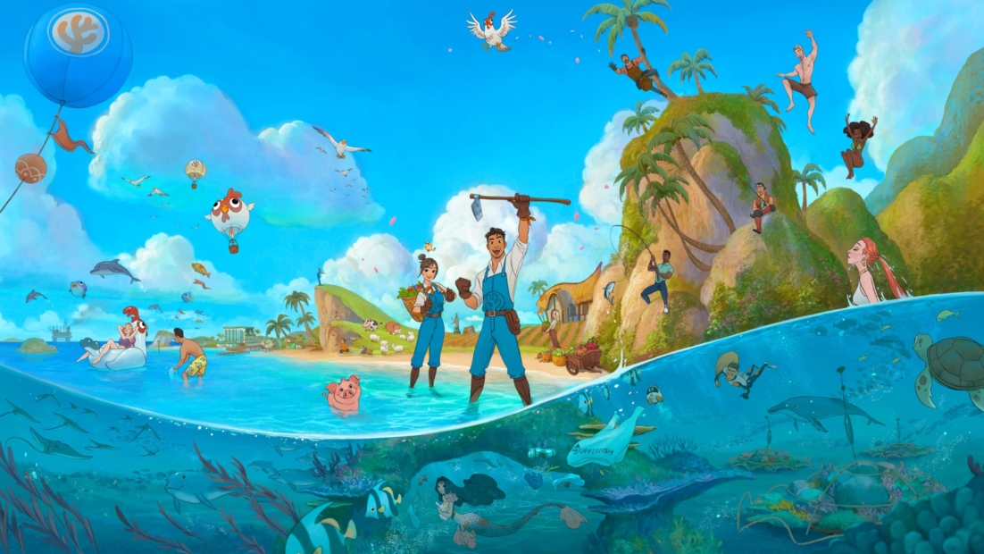 Games Set on Islands: Coral Island. Scene of a tropical island with people engaging in various activities on land and underwater, including diving, swimming, and climbing palm trees.