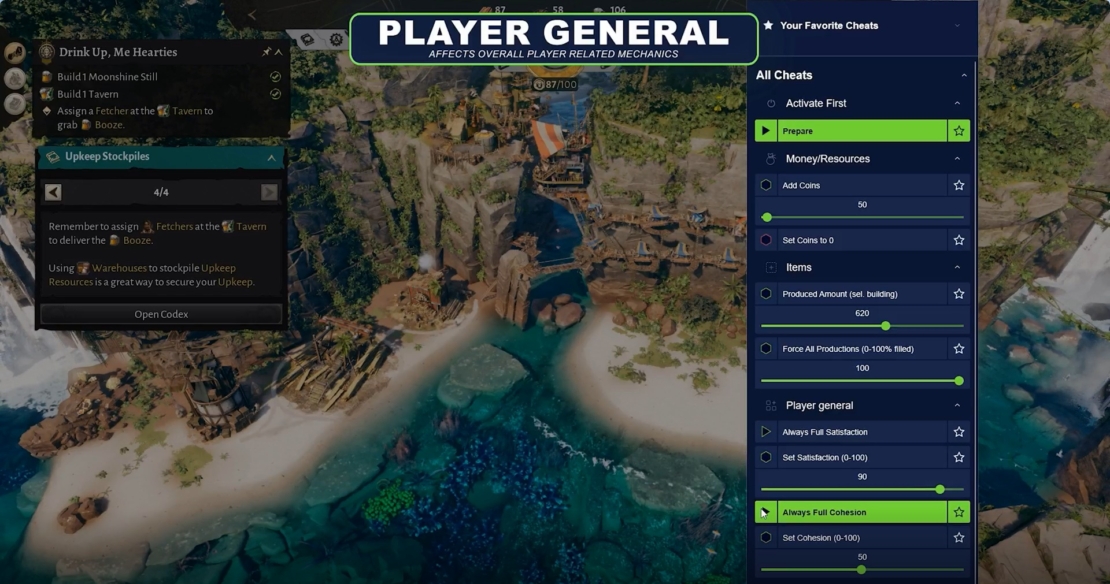 Vogelperspektive auf eine Küstenlandschaft mit Wasser, Felsen und Gebäuden sowie einem Spielmenü mit Einstellungen zu Cheats und Ressourcen.
