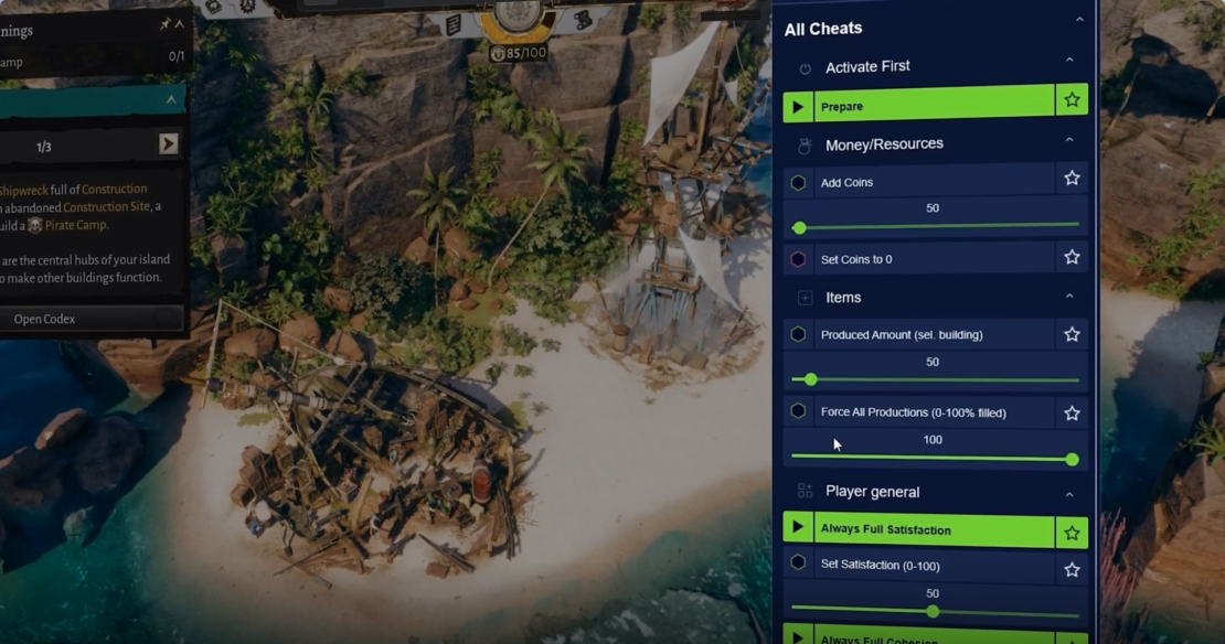 Corsair Cove Mods von PLITCH: Vogelperspektive auf eine tropische Insel mit Palmen und Gebäuderuinen am Strand neben einem Wasserbereich, daneben ein Bildschirmmenü mit Cheats und Einstellungen für Geld, Ressourcen und Zufriedenheit.